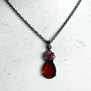 Vintage 1928 Brand Red Pendant Necklace Teardrop AB Rhinestones Gun Metal Tone